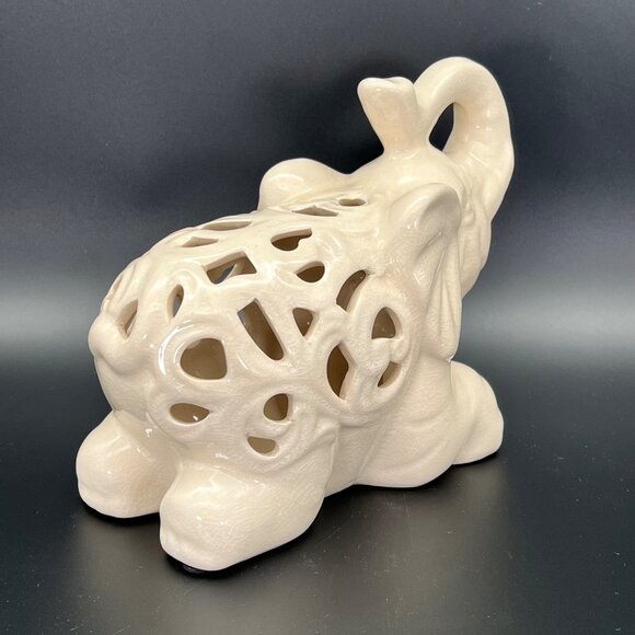 Ceramic Elephant Figurine Carved Crackle Pattern Trunk Up 9" x 7" - Picture 5 of 14